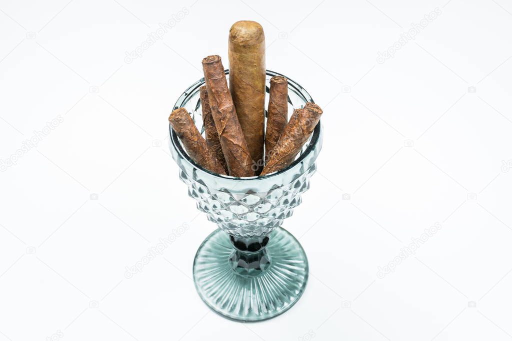Havana cigars from twisted sheets in glass goblet with white background.