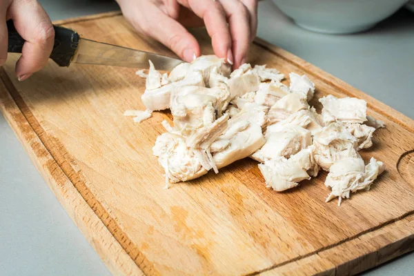 Tender Hands Girl Cut Knife Boiled Chicken Breast Salad Wooden — Stock Photo, Image