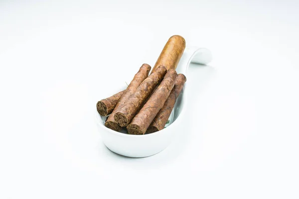 Gorgeous cigars from twisted sheets in the stand for the cook with white background. — Stock Photo, Image