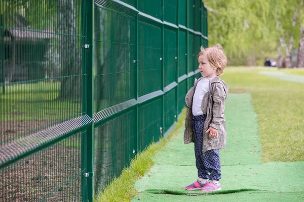 Petit enfant regarde à travers le filet les animaux dans le zoo . — Photo