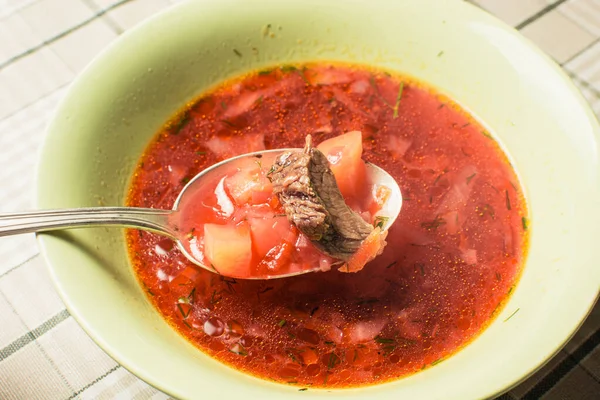 Червоний Суп Борщ Великою Ложкою Зеленій Тарілці Кухонному Столі — стокове фото