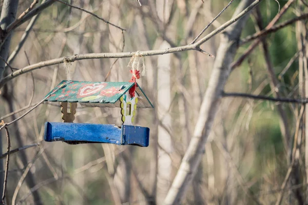 Alimentador de madeira para pássaros e esquilos pendura na árvore no parque florestal na primavera . — Fotografia de Stock