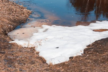 Müstakil buzdan çıkan beyaz buz parçaları ilkbaharda bir buz kayması içinde nehir üzerinde yüzer.
