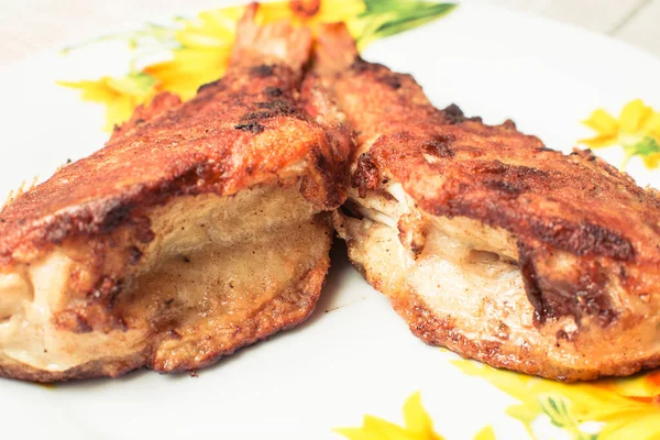 Cooked Fried Sea Bass Plate Kitchen Table — Stock Photo, Image