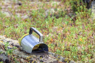Ormandaki hızlı böğürtlen koleksiyonu için el bilgisayarı kepçesi üzerine hasatçı.