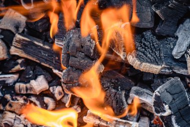 Et kebabı pişirmek için kundaklamadan sonra sıcak Brezilya 'da parlak kömür alevleri yakmak.