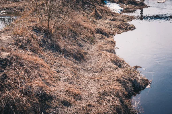 Ribera Descongelada Con Hierba Seca Después Del Invierno Día Primavera — Foto de Stock