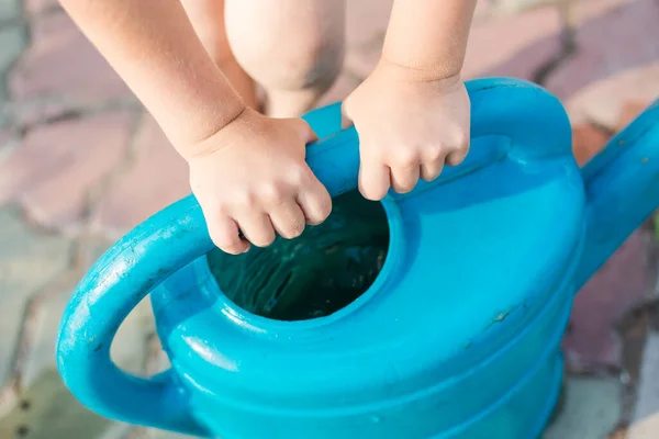 Little Baby Pens Hold Handle Large Watering Can Watering Garden — Stock Photo, Image