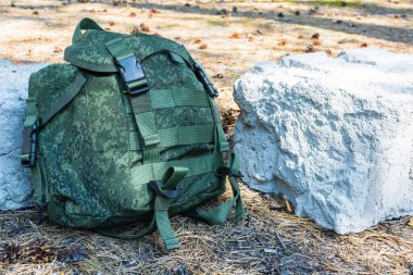 Küçük yeşil sırt çantası ormanın orman kenarında iki beyaz beton blok arasında duruyor.