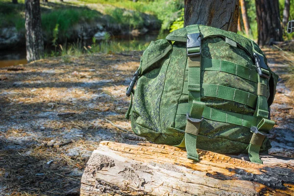 Small Khaki Backpack Stands Burning Pine Tree Trunk Summer Forest — Stock Photo, Image