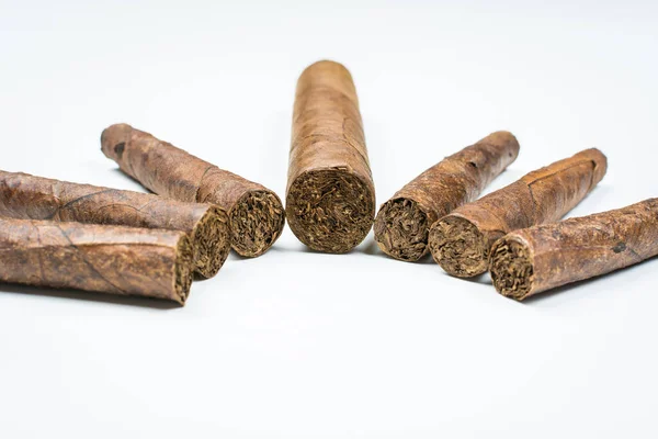 Big Small Cigars Twisted Sheets Tobacco White Background — Stock Photo, Image