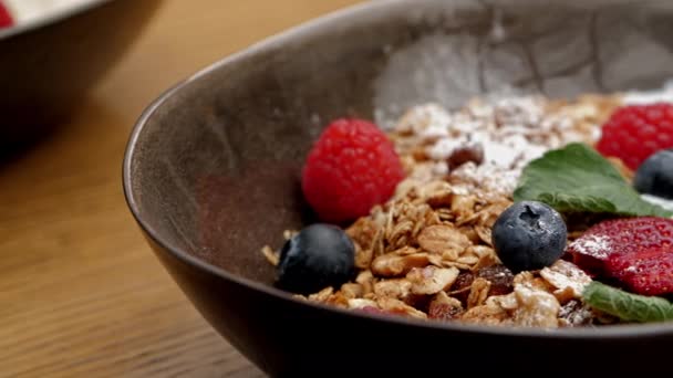 Cuenco Con Granola Yogur Casero Frambuesas Frescas Fresas Arándanos Chía — Vídeos de Stock