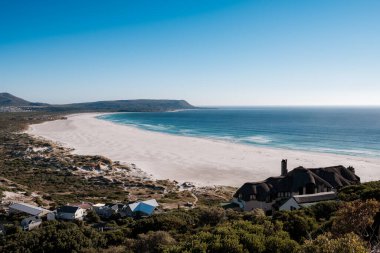 Kuşlar mavi okyanuslu beyaz kumsal manzarası