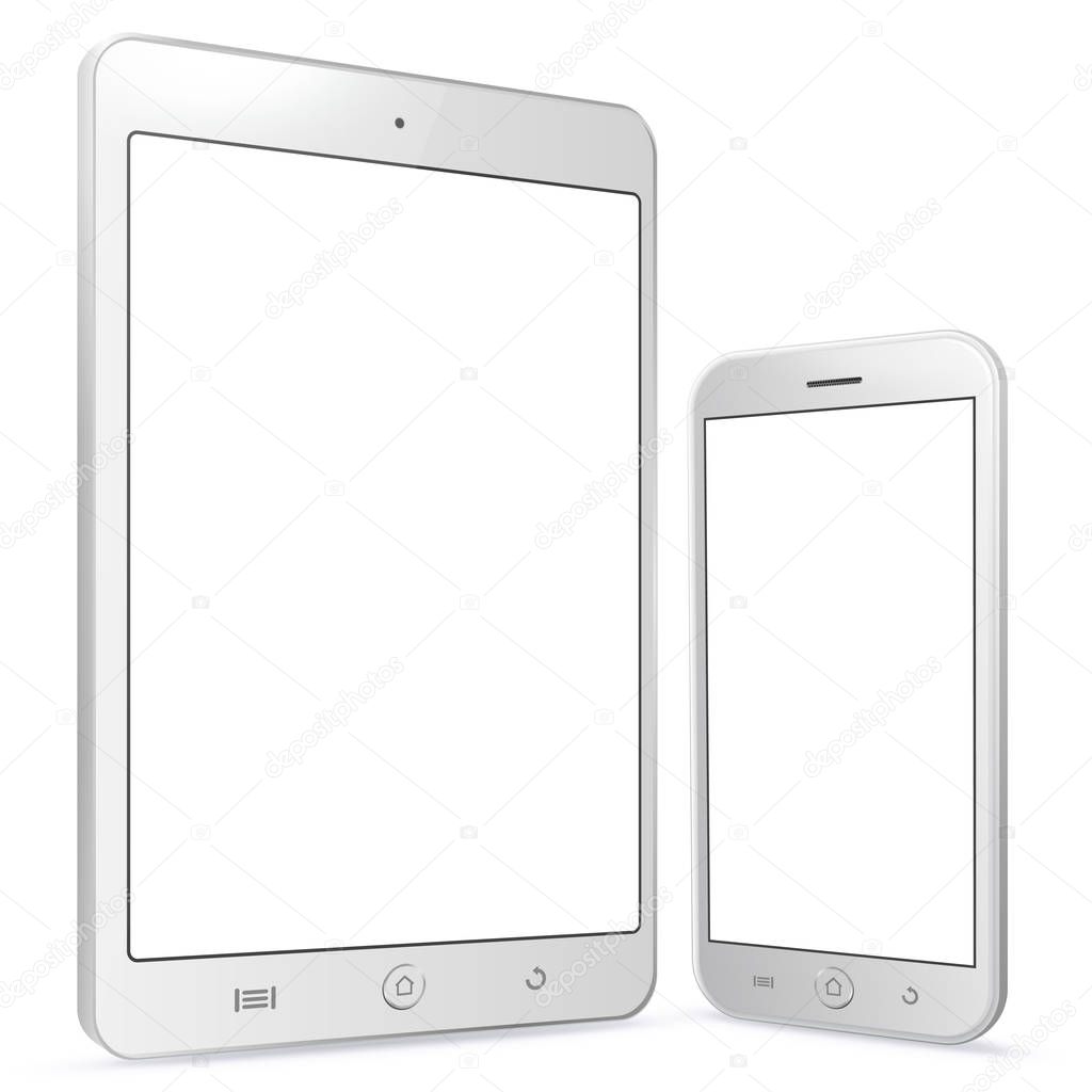 White Tablet Computer and Mobile Phone vector illustration.