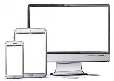 Bilgisayar ekran, Tablet Pc, akıllı telefon el çizilmiş vektör çizim.