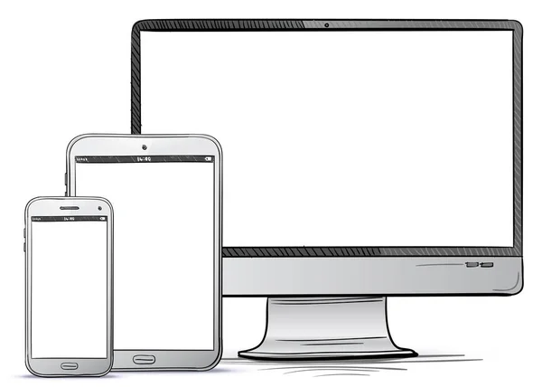 Bilgisayar ekran, Tablet Pc, akıllı telefon el çizilmiş vektör çizim. — Stok Vektör