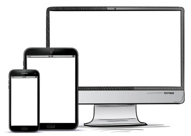 Bilgisayar ekran, Tablet Pc, akıllı telefon el çizilmiş vektör çizim.