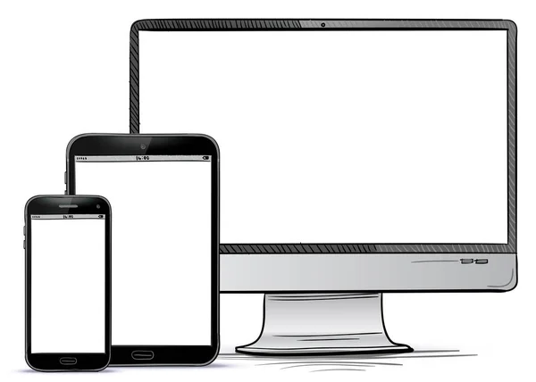 Écran d'ordinateur, Tablette PC, Illustration vectorielle dessinée à la main pour téléphone intelligent . — Image vectorielle