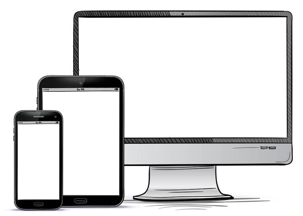 Computer Screen, Tablet PC, Smart Phone Hand Drawn Vector illustration.