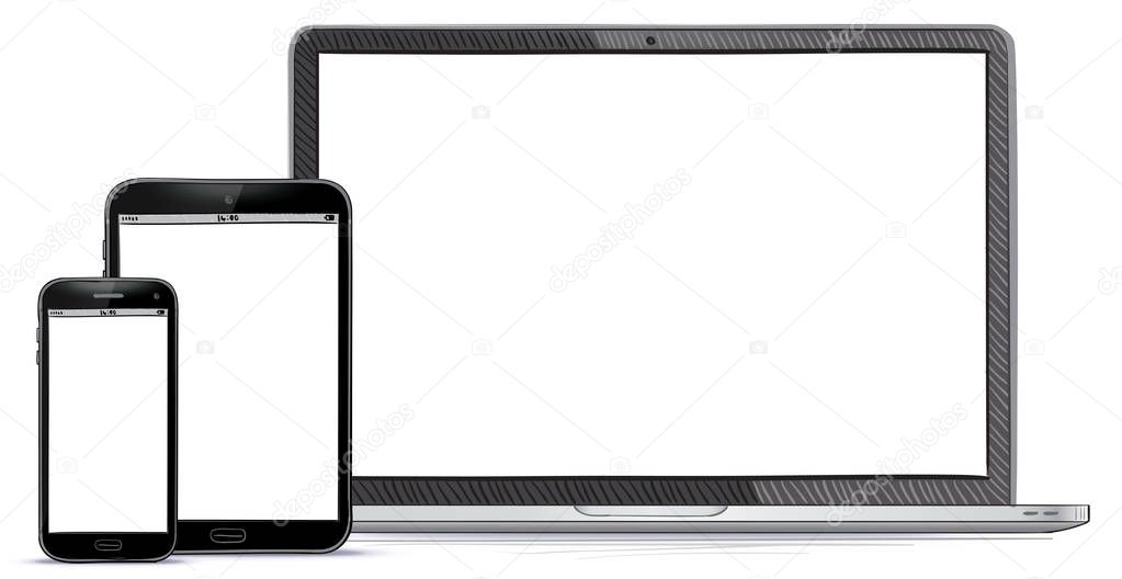 Laptop, Tablet PC, Mobile Phone Hand Drawn Vector illustration.
