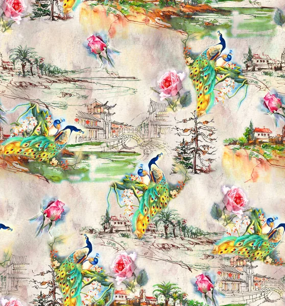 Kusursuz soyut doğa arka plan gül çiçekli tavus kuşu