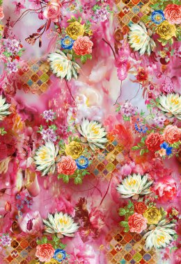 çiçek arkaplan renk deseni şirin grafikler dijital vintage renkli