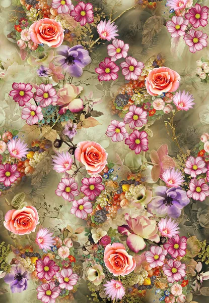 Virág Allover Színes Minta Kép Digitális Színes Grafika Aranyos — Stock Fotó