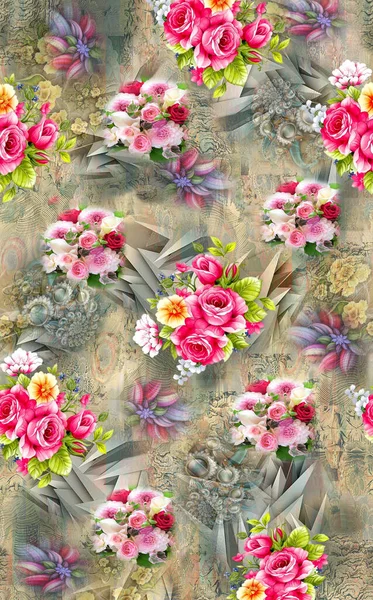 Kwiat Allover Kolor Wzór Obraz Cyfrowy Kolorowe Grafiki Cute — Zdjęcie stockowe