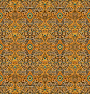 Kusursuz desenli, turuncu, sarı ve kahverengi renkli geleneksel tasarım.