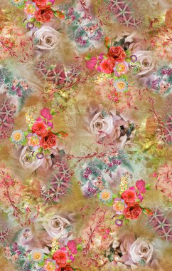 İnanılmaz kumaş soyut arka plan, çiçek buketi, çiçek çizimi, botanik kompozisyonu dijital ve tekstil baskısı için soyut arkaplan