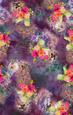 İnanılmaz kumaş soyut arka plan, çiçek buketi, çiçek çizimi, botanik kompozisyonu dijital ve tekstil baskısı için soyut arkaplan