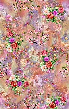 İnanılmaz kumaş soyut arka plan, çiçek buketi, çiçek çizimi, botanik kompozisyonu dijital ve tekstil baskısı için soyut arkaplan