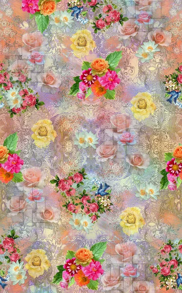 令人惊奇的面料抽象背景 花卉花束 花卉插图 植物构图抽象背景的数码和纺织品印刷 — 图库照片