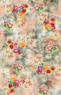 İnanılmaz kumaş soyut arka plan, çiçek buketi, çiçek çizimi, botanik kompozisyonu dijital ve tekstil baskısı için soyut arkaplan