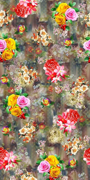 令人惊奇的面料抽象背景 花卉花束 花卉插图 植物构图抽象背景的数码和纺织品印刷 — 图库照片