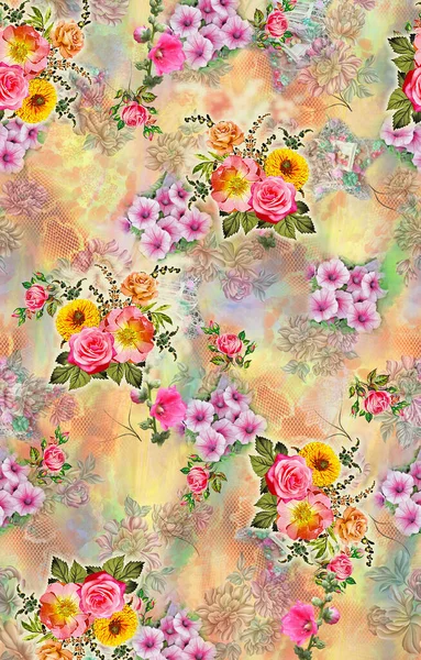 İnanılmaz kumaş soyut arka plan, çiçek buketi, çiçek çizimi, botanik kompozisyonu dijital ve tekstil baskısı için soyut arkaplan
