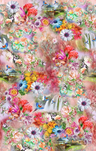 İnanılmaz kumaş soyut arka plan, çiçek buketi, çiçek çizimi, botanik kompozisyonu dijital ve tekstil baskısı için soyut arkaplan