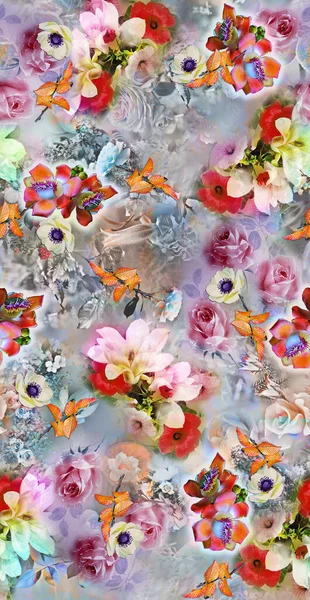 İnanılmaz kumaş soyut arka plan, çiçek buketi, çiçek çizimi, botanik kompozisyonu dijital ve tekstil baskısı için soyut arkaplan