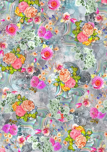 素晴らしい生地抽象的な背景 花の花束 花のイラスト 植物組成デジタルとテキスタイルプリントのための抽象的な背景 — ストック写真