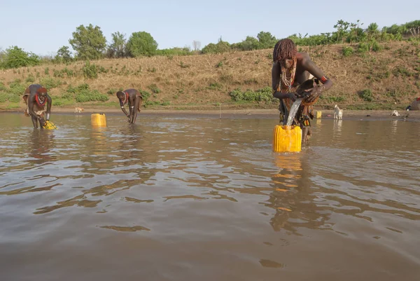 オモ谷 エチオピア 2012 正体不明のエチオピア女性は近く Colcho オモ渓谷 エチオピアのオモ川から飲用水を取る 泥だらけの川の水は 地元のソースを飲むだけ — ストック写真