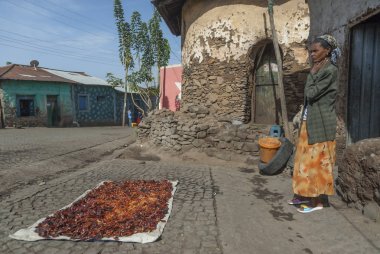 Gondar, Etiyopya, 25 Mart 2012: Belirsiz Etiyopya kadın biber Gondar, Etiyopya bir sokakta kurur. Kırmızı biber biber birçok Etiyopya yemeklerinde yaygın olarak kullanılan.
