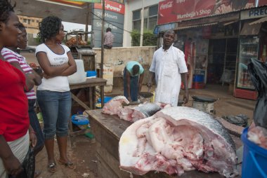 Kampala, Uganda, 22 Şubat 2012: Tanımlanamayan satıcı bir dev Nil levrek Kampala, Uganda bir sokak pazarda satıyor. Victoria Gölü Nil levrek zengin yakalamak için bilinen.  