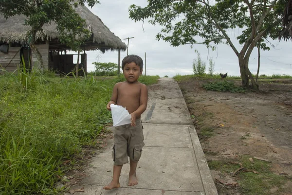 Padre Cocha Peru April 2010 Unidentified Bora Little Boy Walks — Stock Photo, Image