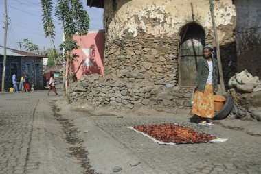 Gondar, Etiyopya, 25 Mart 2012: Belirsiz Etiyopya kadın biber Gondar, Etiyopya bir sokakta kurur. Kırmızı biber biber birçok Etiyopya yemeklerinde yaygın olarak kullanılan.