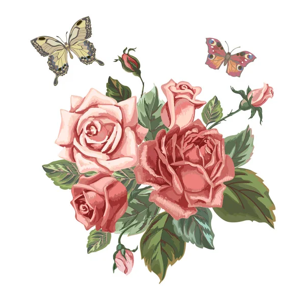 Csokor Rózsa Vintage Stílusú Kézzel Rajzolt Virágok Vintage Kártya Virágzó — Stock Vector