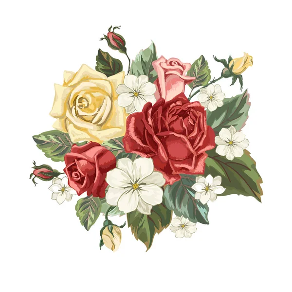 Csokor Rózsa Vintage Stílusú Kézzel Rajzolt Virágok Vintage Kártya Virágzó — Stock Vector