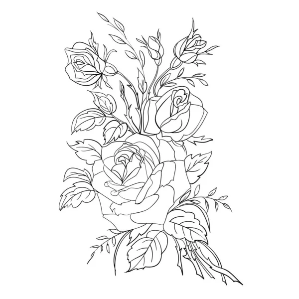 Színező Oldal Rózsákkal Szabadkézi Rajz Virágcsokorról Vektorillusztráció — Stock Vector