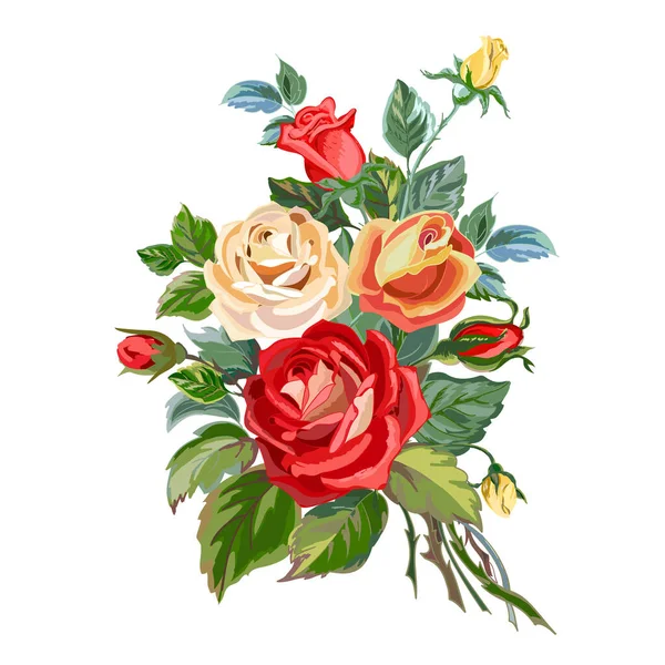 Ramo Floral Con Rosas Color Rojo Brillante Naranja Ilustración Vectorial — Archivo Imágenes Vectoriales