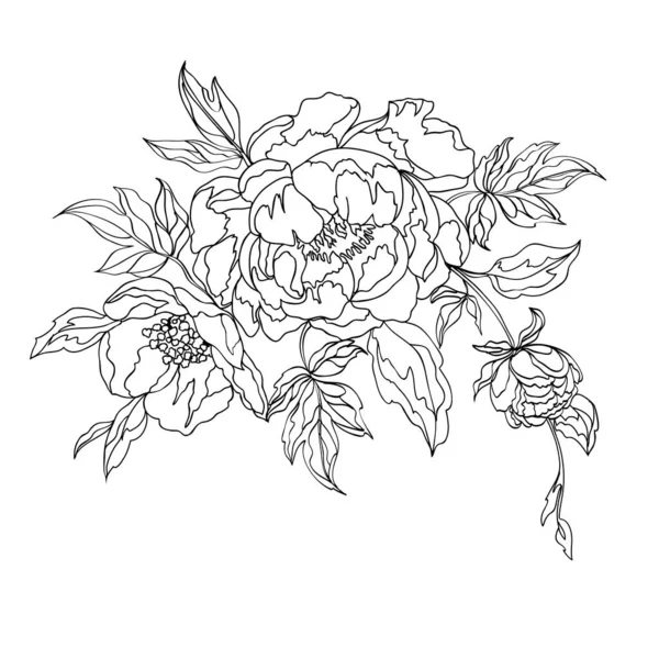 Buquê Desenho Preto Fundo Branco Desenho Para Colorir Com Flores —  Vetores de Stock