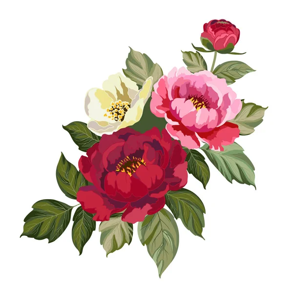 Decoratief Boeket Pioenrozen Een Witte Achtergrond Wenskaart Template Met Bloemen — Stockvector